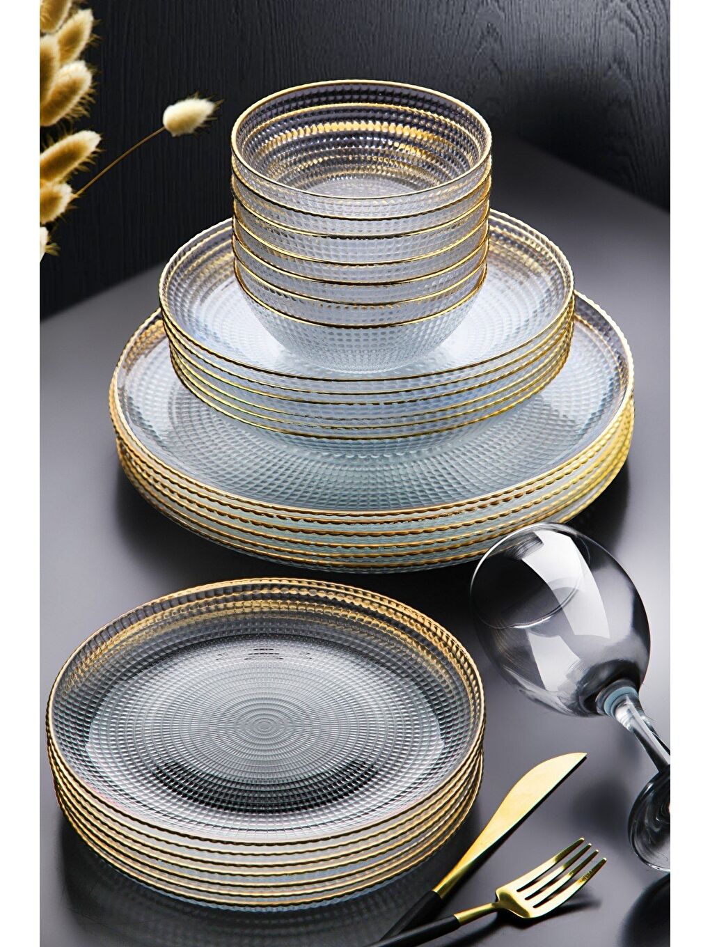 Renksiz 24 Parça 6 Kişilik Kare Çizgili Cam Yemek Takımı-2