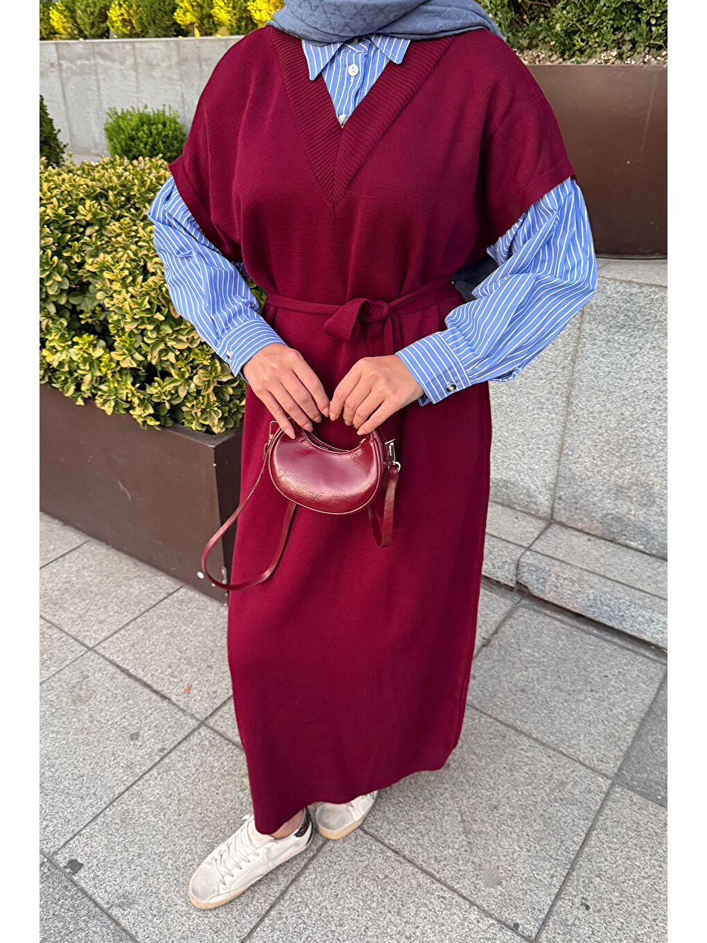 Kadın Garnili Triko Elbise Bordo-4