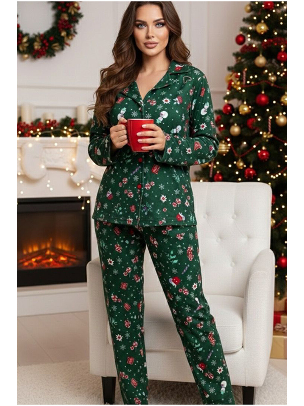 Yeşil Yumuşak Dokulu Süet Düğmeli Örme Pijama Takım 7984-1