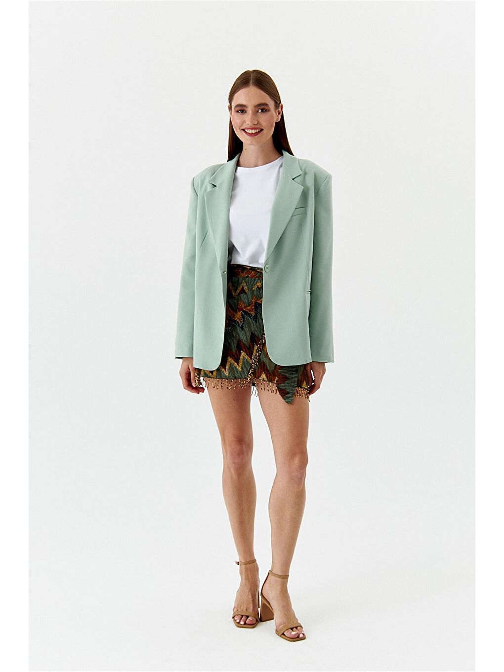 Tek Düğmeli Blazer Mint Yeşil Kadın Ceket-2
