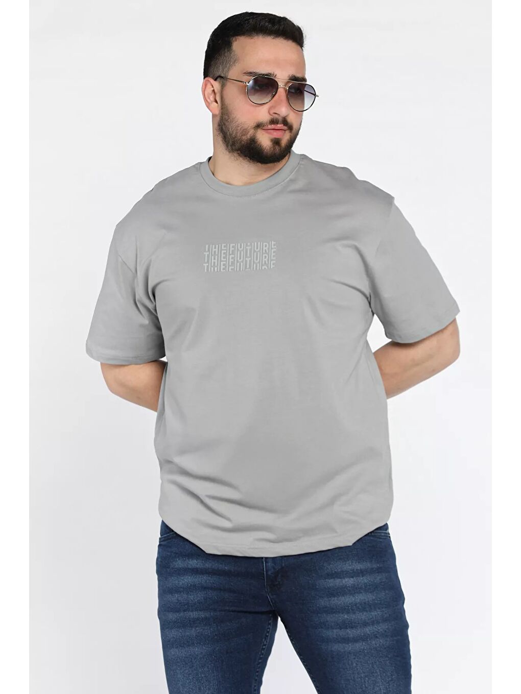 Gri Erkek Silikon Yazı Baskılı Bisiklet Yaka Tişört