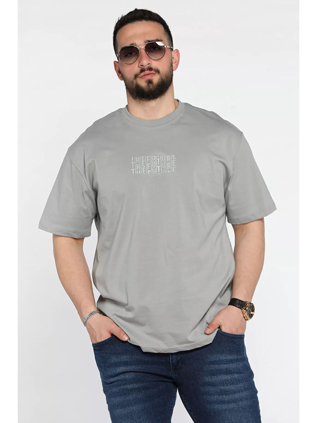 Gri Erkek Silikon Yazı Baskılı Bisiklet Yaka Tişört-1