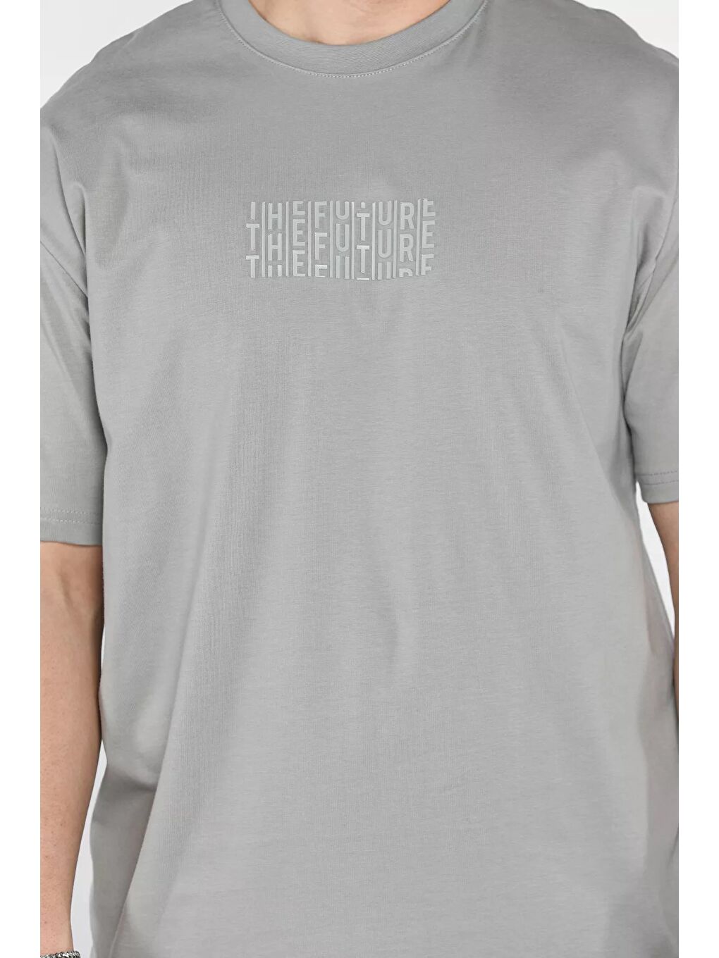 Gri Erkek Silikon Yazı Baskılı Bisiklet Yaka Tişört-3