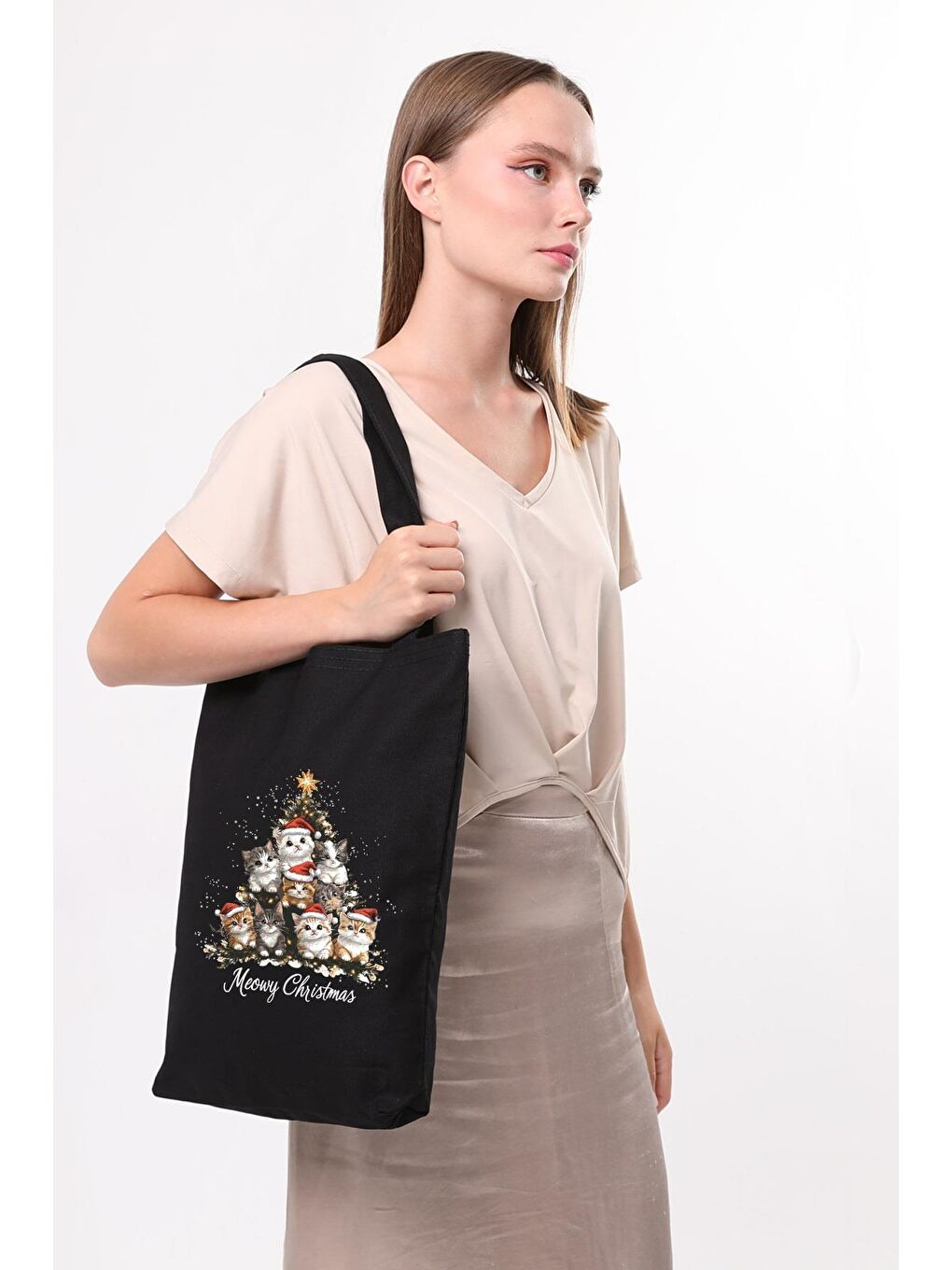 Siyah Kanvas Yeni Yıl Ve Şapkalı Kediler Baskılı Çanta-1