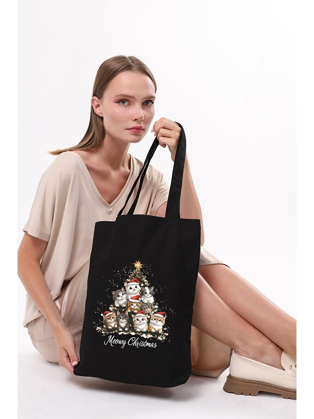 Siyah Kanvas Yeni Yıl Ve Şapkalı Kediler Baskılı Çanta-2