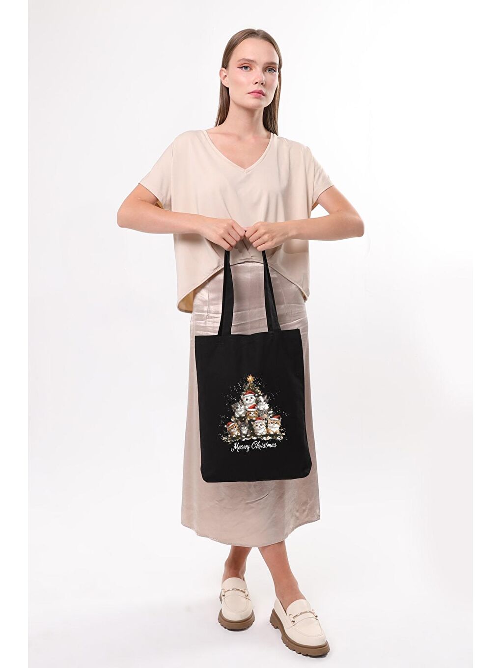 Siyah Kanvas Yeni Yıl Ve Şapkalı Kediler Baskılı Çanta-3