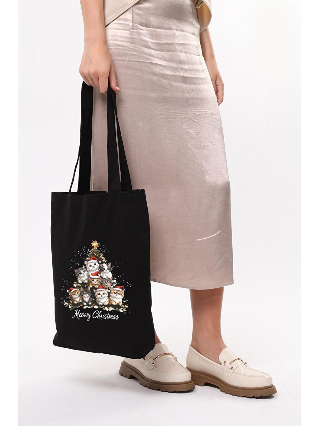 Siyah Kanvas Yeni Yıl Ve Şapkalı Kediler Baskılı Çanta-4