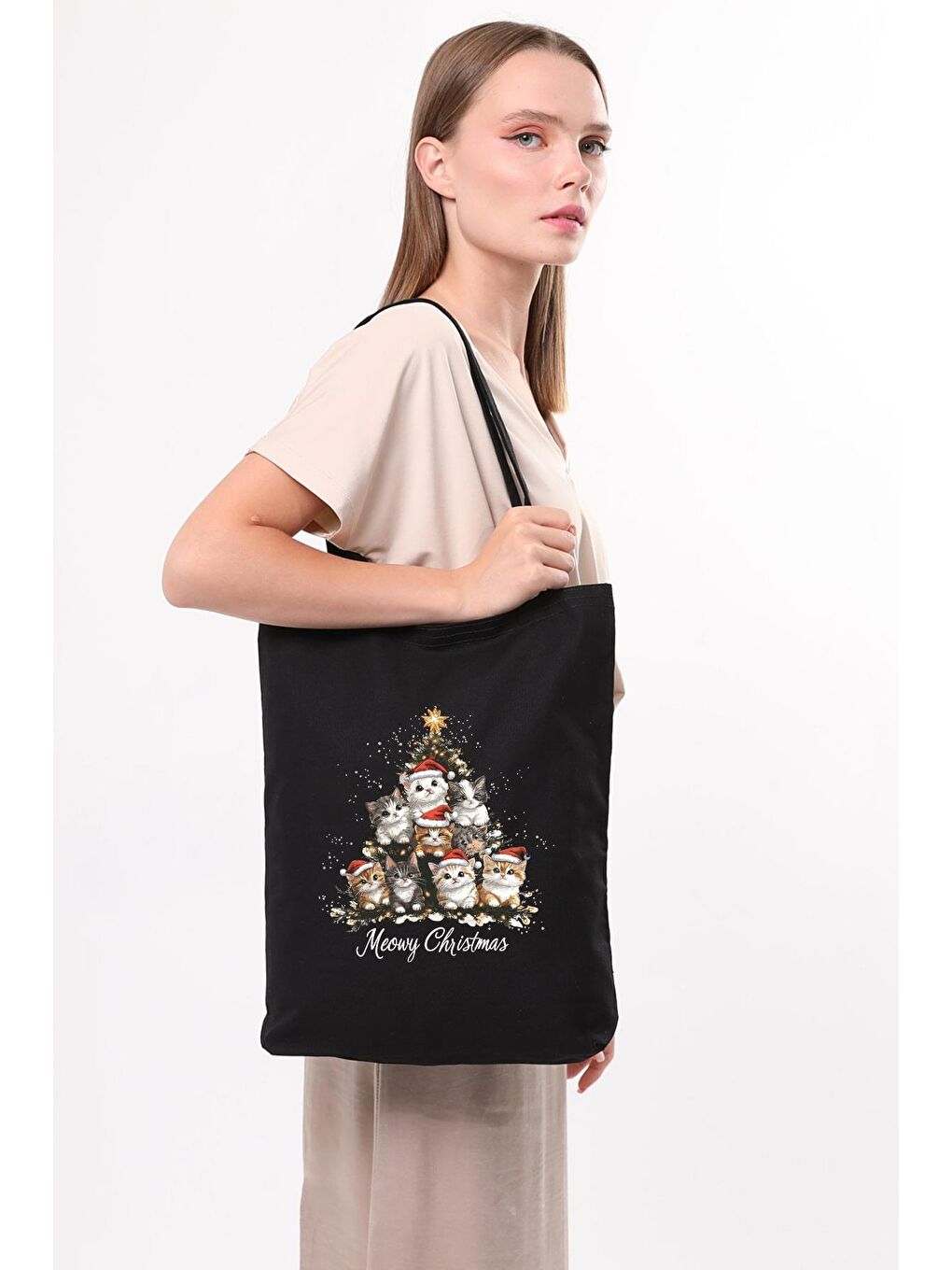 Siyah Kanvas Yeni Yıl Ve Şapkalı Kediler Baskılı Çanta-5