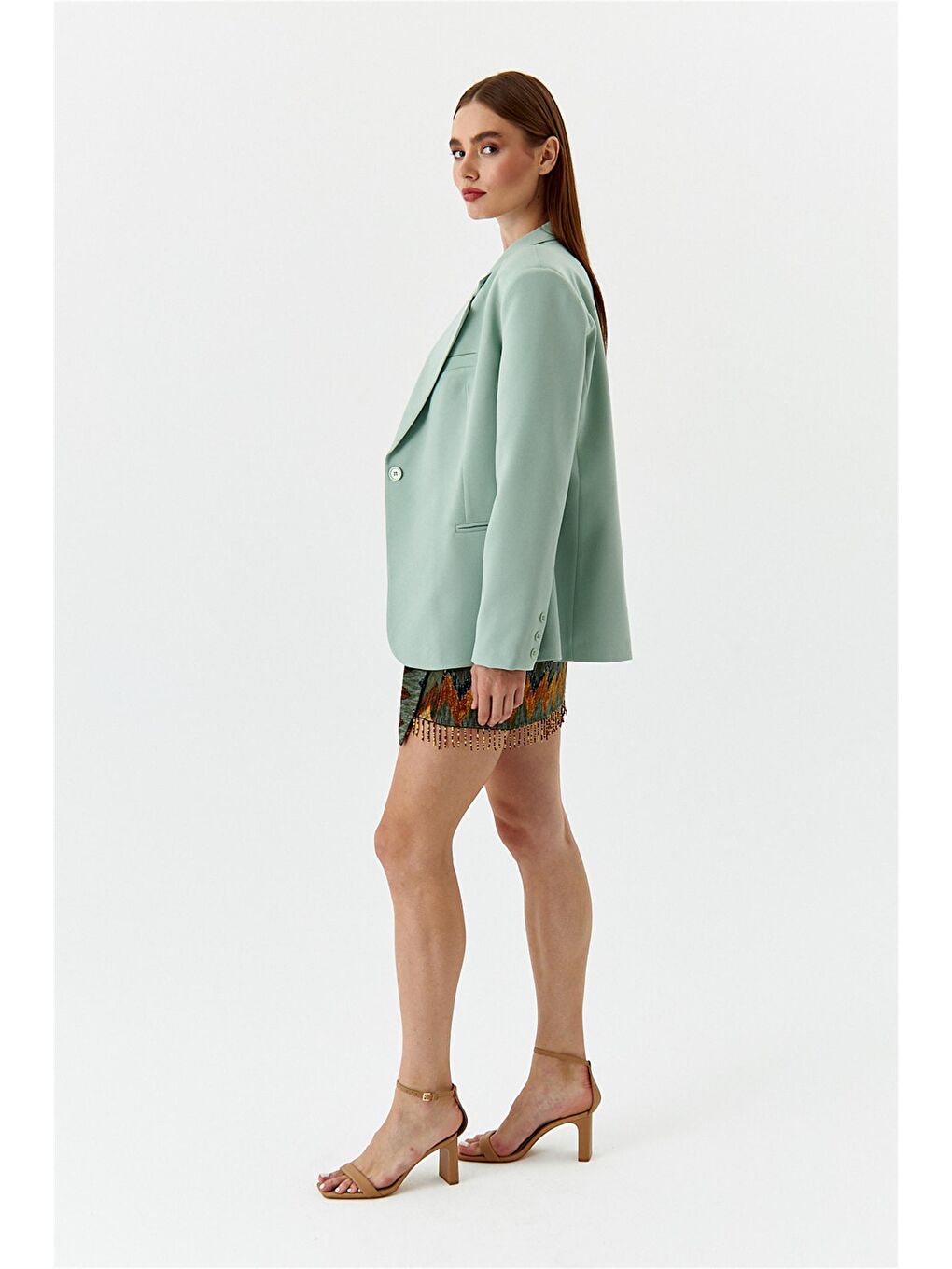 Tek Düğmeli Blazer Mint Yeşil Kadın Ceket-4
