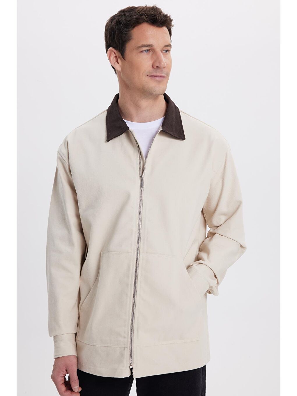 Erkek Relax Fit Rahat Kesim Gabardin Düz Fermuarlı Kanguru Cepli Kontrast Yaka Bej Ceket-5