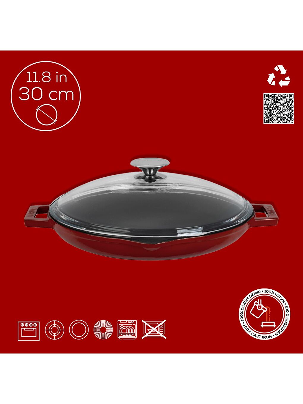 Bordo Yuvarlak Kızartma Tavası Cam Kapaklı Döküm Demir Yekpare Çift Kulplu Çap(Ø)30cm.-3