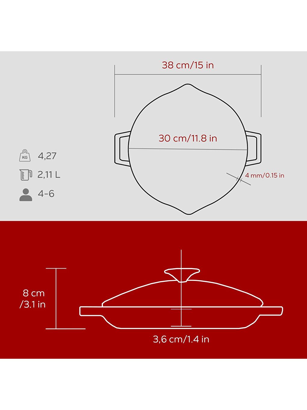 Bordo Yuvarlak Kızartma Tavası Cam Kapaklı Döküm Demir Yekpare Çift Kulplu Çap(Ø)30cm.-4