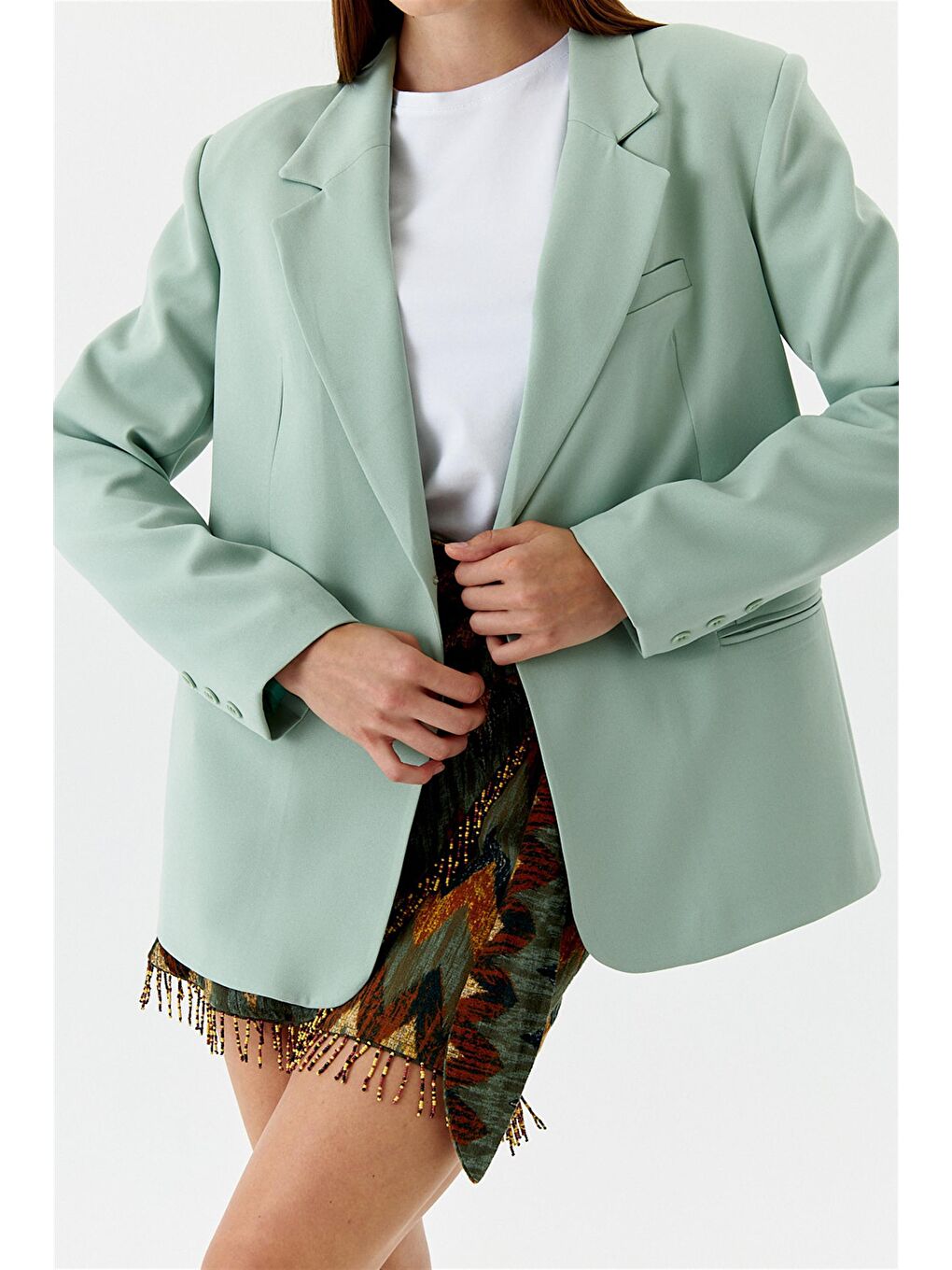 Tek Düğmeli Blazer Mint Yeşil Kadın Ceket-6