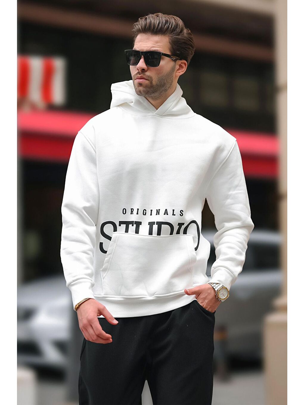 Madmext Ekru Kapüşonlu Baskılı Cep Detaylı Sweatshirt E7076