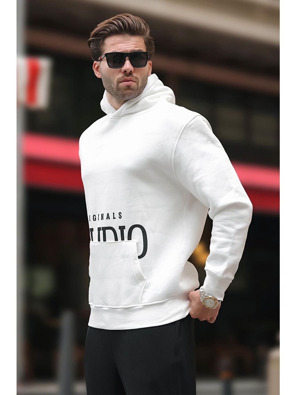 Madmext Ekru Kapüşonlu Baskılı Cep Detaylı Sweatshirt E7076 - 1