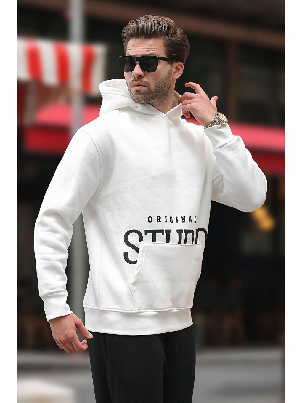 Madmext Ekru Kapüşonlu Baskılı Cep Detaylı Sweatshirt E7076 - 2