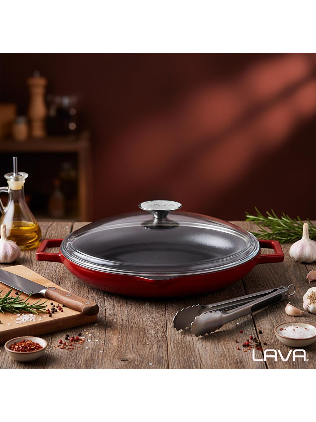 Bordo Yuvarlak Kızartma Tavası Cam Kapaklı Döküm Demir Yekpare Çift Kulplu Çap(Ø)30cm.-6