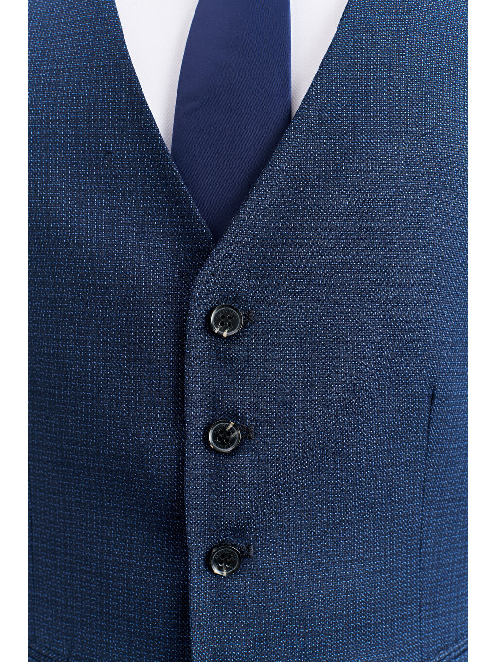 Erkek Lacivert Slim Fit Dar Kesim Kırlangıç Yaka Armürlü Yelekli Klasik Takım Elbise-5