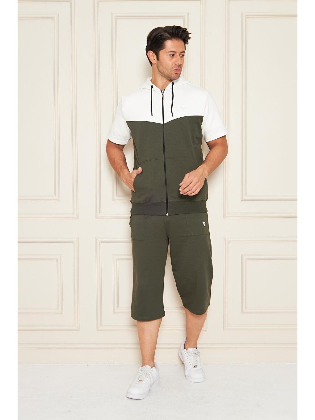 Erkek Pamuklu Kapüşonlu Kapri Takım Ekru / Haki 7501-E.H.-1