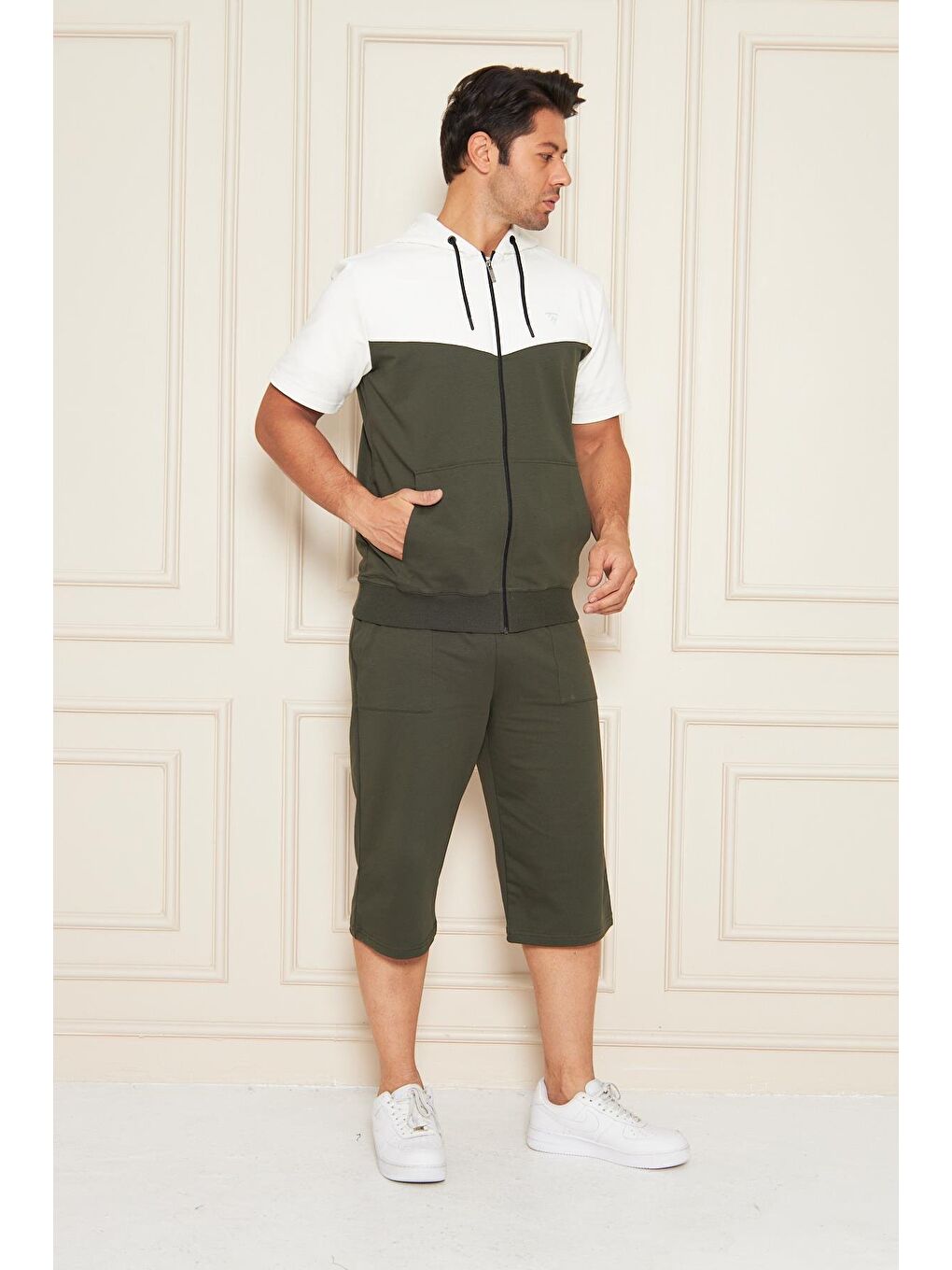 Erkek Pamuklu Kapüşonlu Kapri Takım Ekru / Haki 7501-E.H.-2