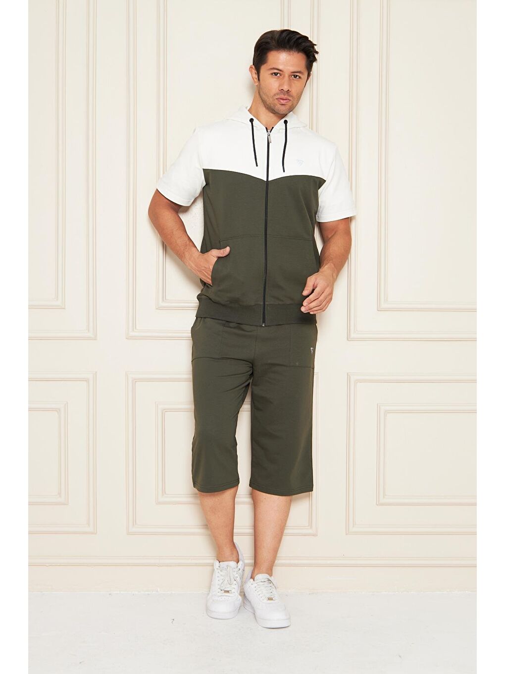 Erkek Pamuklu Kapüşonlu Kapri Takım Ekru / Haki 7501-E.H.-3