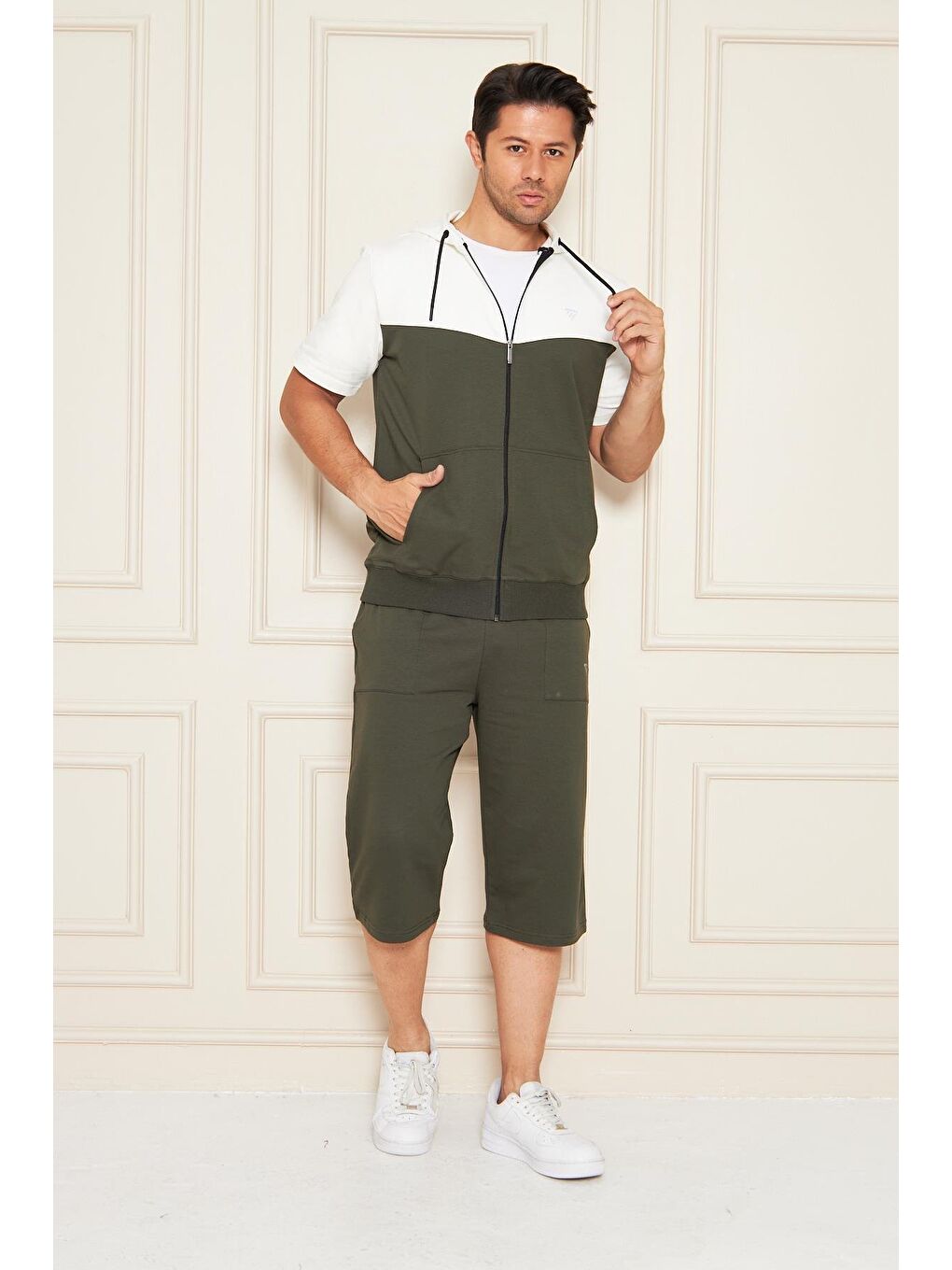 Erkek Pamuklu Kapüşonlu Kapri Takım Ekru / Haki 7501-E.H.-4