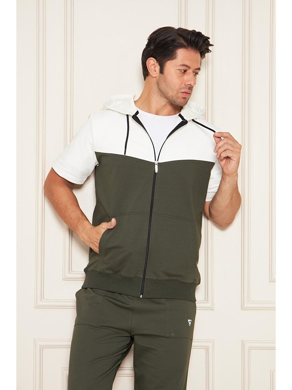 Erkek Pamuklu Kapüşonlu Kapri Takım Ekru / Haki 7501-E.H.-5