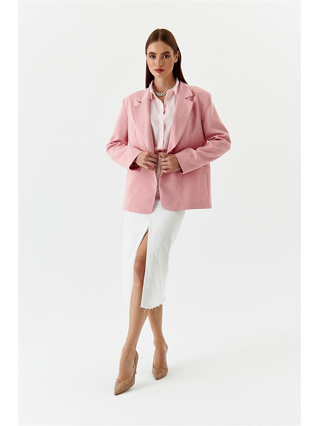 Tek Düğmeli Blazer Pudra Pembe Kadın Ceket-1