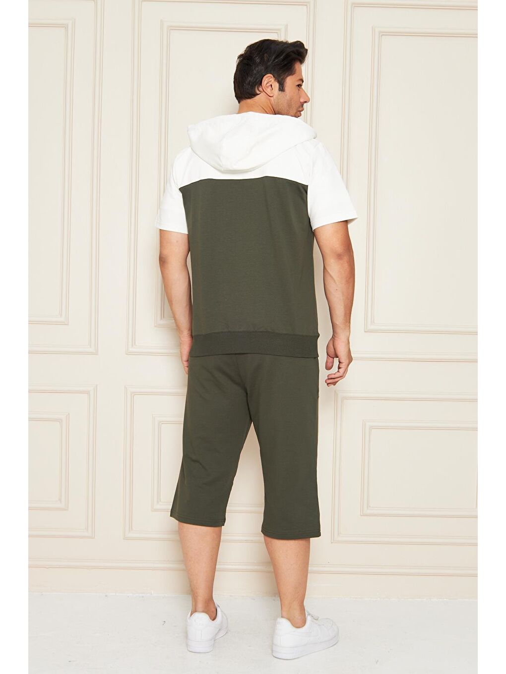 Erkek Pamuklu Kapüşonlu Kapri Takım Ekru / Haki 7501-E.H.-7