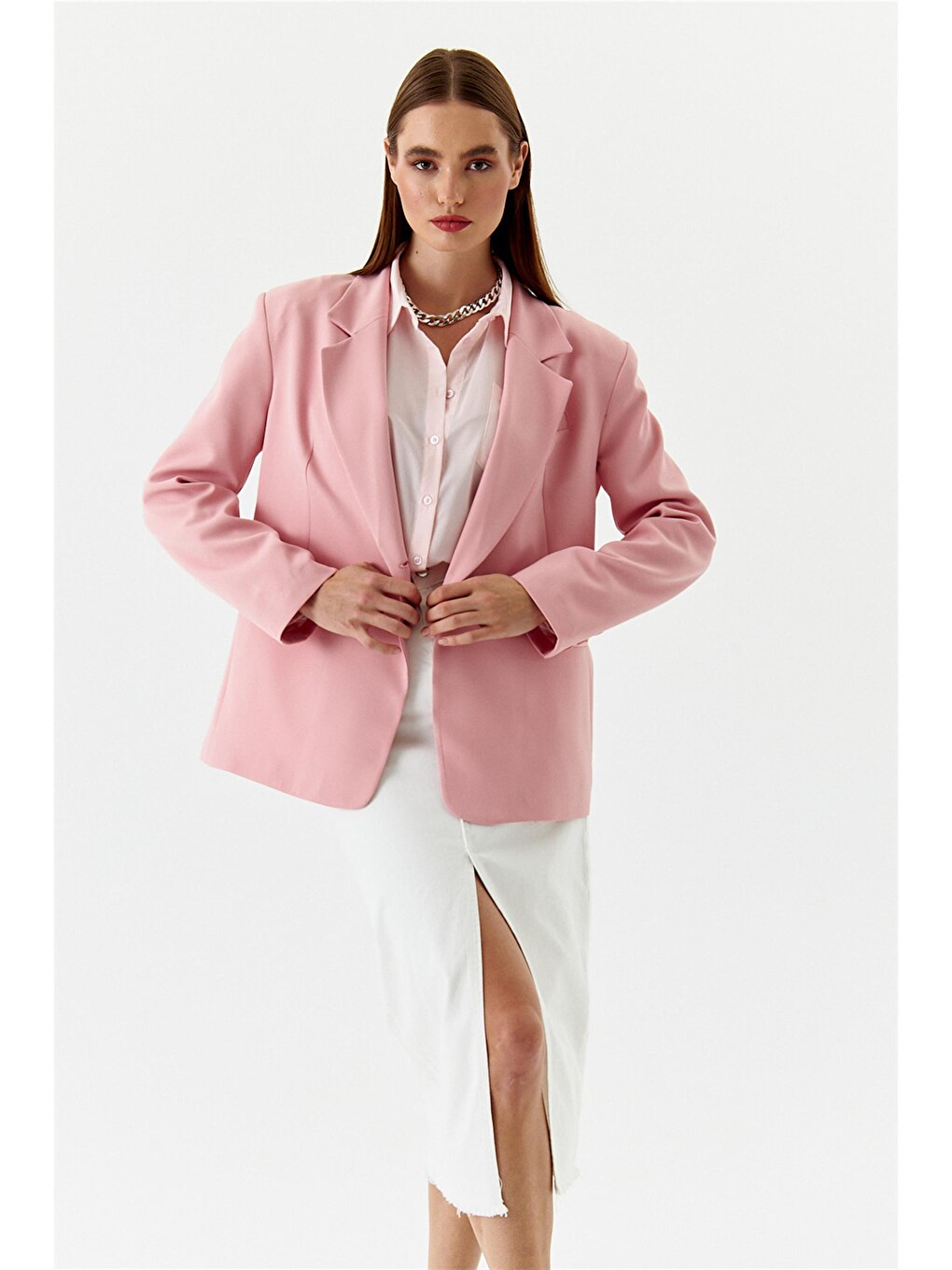 Tek Düğmeli Blazer Pudra Pembe Kadın Ceket-2
