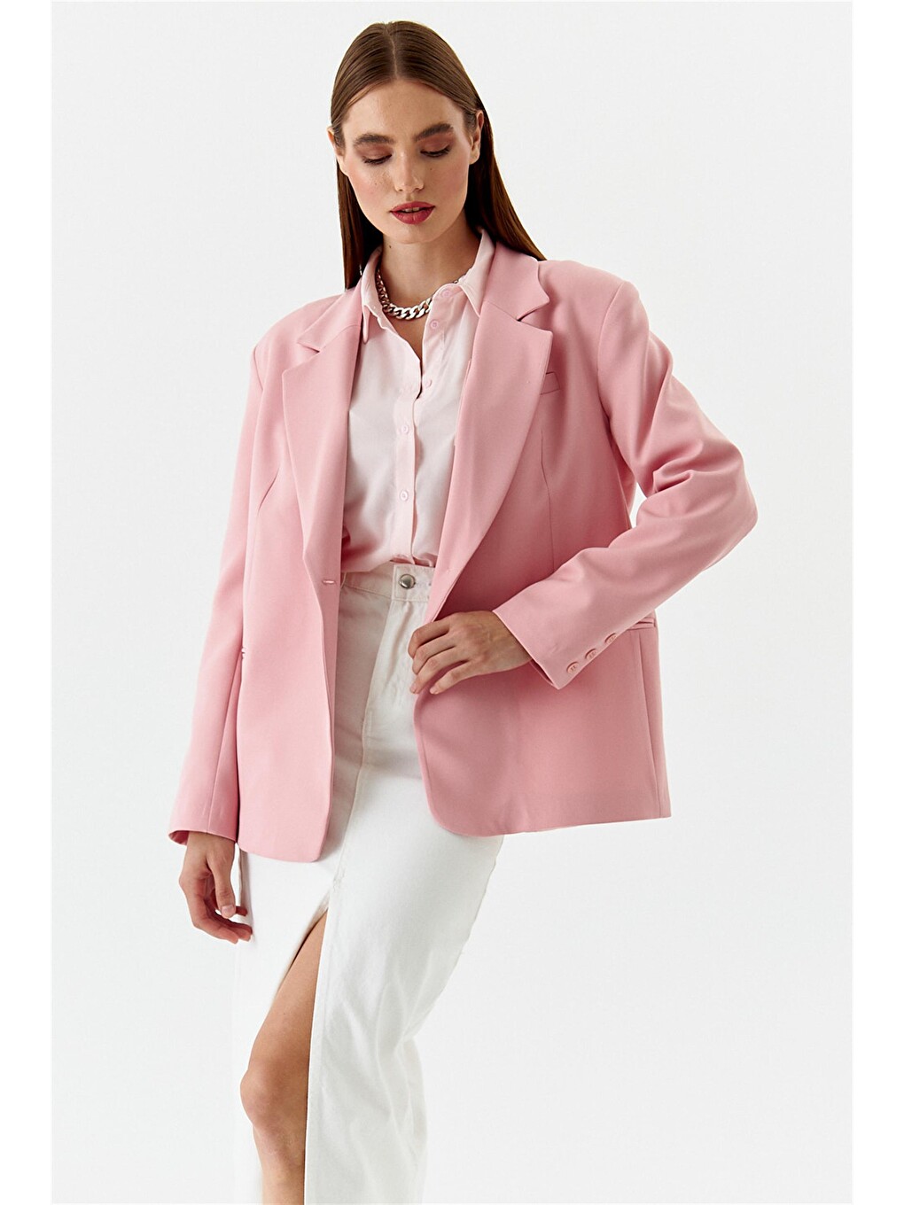 Tek Düğmeli Blazer Pudra Pembe Kadın Ceket-3