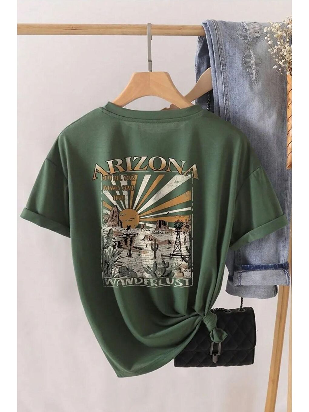 uyguntarz Yeşil Unisex Sırt Baskılı Arizona Oversize Tshirt - 2