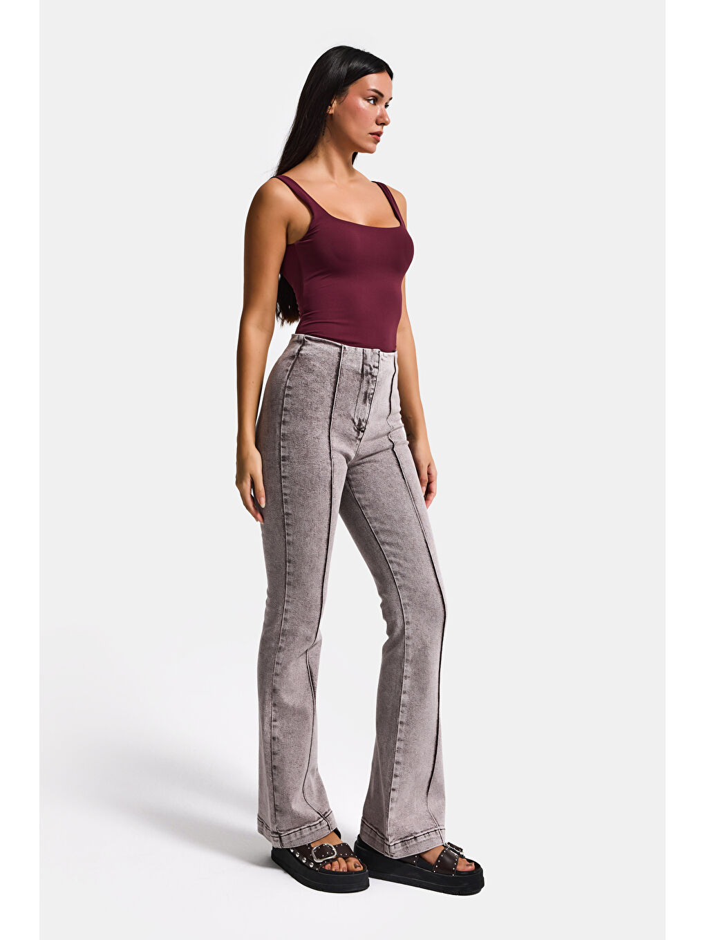 Kadın Gri 3s6-158 Flare Fit Esnek Kumaş Denim Jean-5