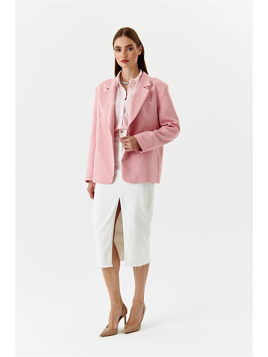 Tek Düğmeli Blazer Pudra Pembe Kadın Ceket-4