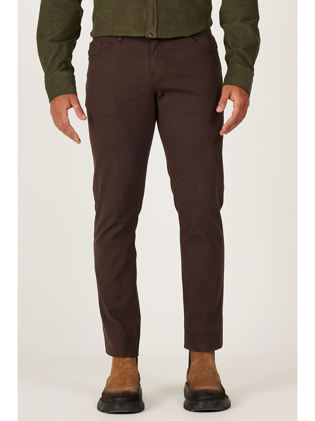 Erkek Kahverengi Slim Fit Dar Kesim 5 Cepli Desenli Esnek Pantolon