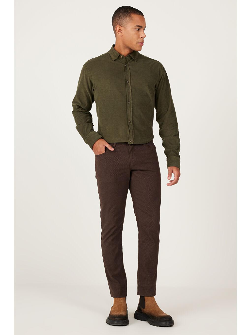 Erkek Kahverengi Slim Fit Dar Kesim 5 Cepli Desenli Esnek Pantolon-1