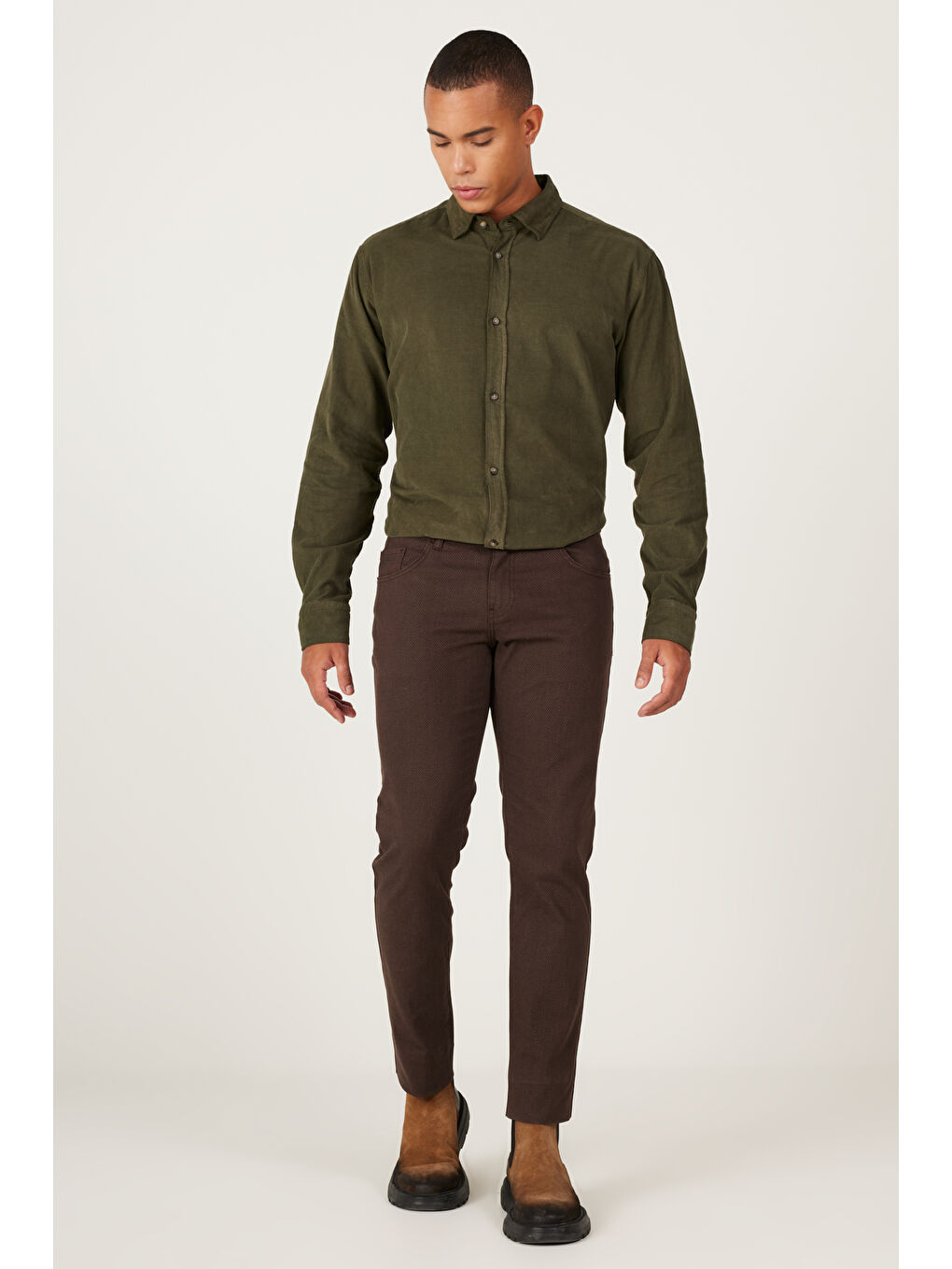 Erkek Kahverengi Slim Fit Dar Kesim 5 Cepli Desenli Esnek Pantolon-3