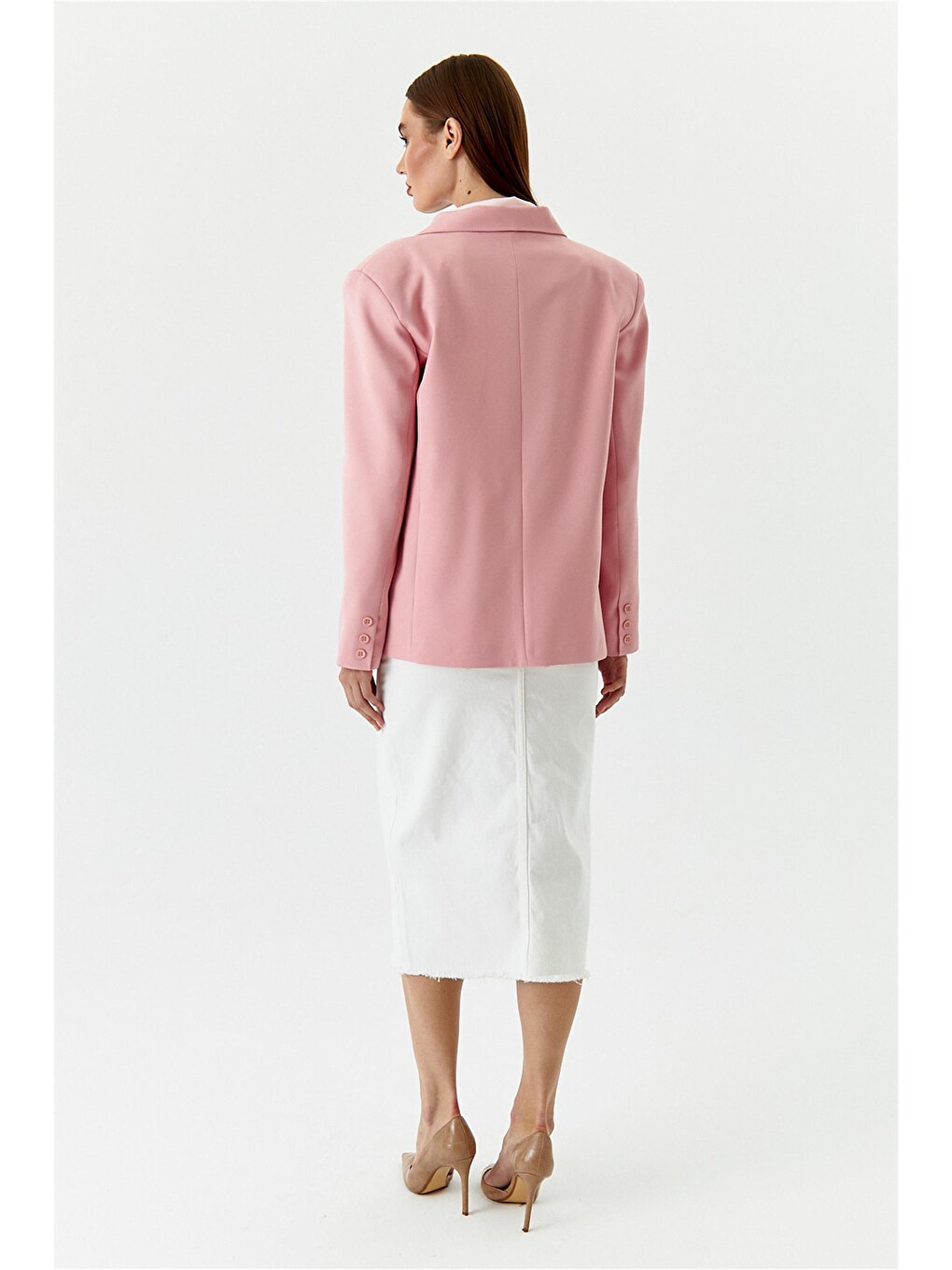 Tek Düğmeli Blazer Pudra Pembe Kadın Ceket-5