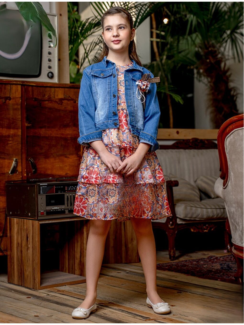 Kırmızı Kız Çocuk Baskılı Dantel Elbise Jean Ceket Takımı M00718