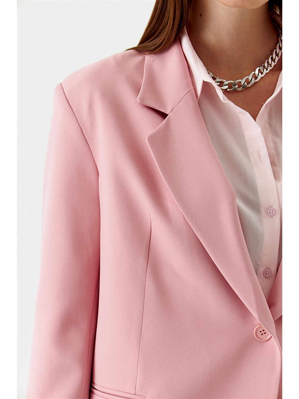 Tek Düğmeli Blazer Pudra Pembe Kadın Ceket-6