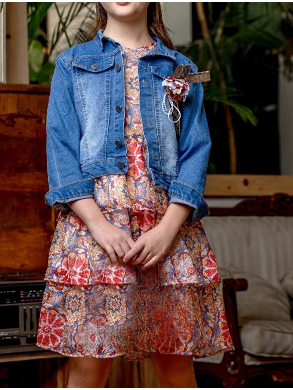 Kırmızı Kız Çocuk Baskılı Dantel Elbise Jean Ceket Takımı M00718-7