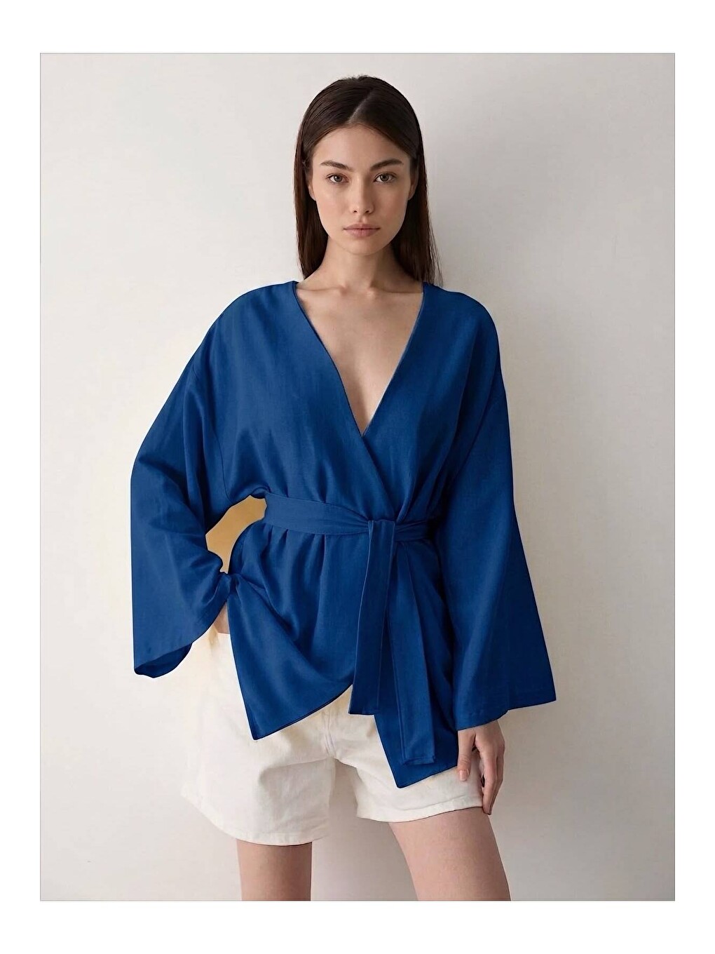 Lacivert Düğme Detaylı Kemerli Kimono - 005