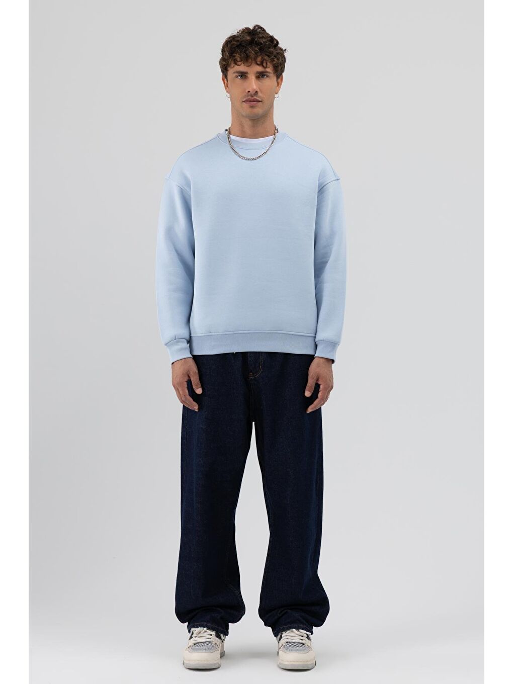 Basic Bisiklet Yaka Oversize Sweatshirt Bebe Mavi-1