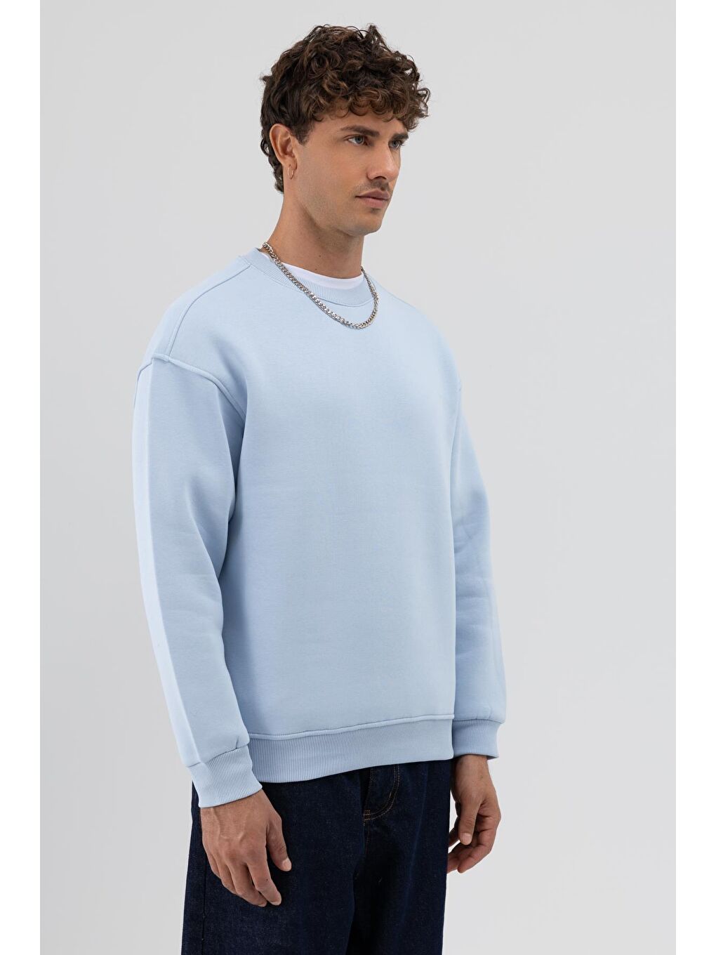 Basic Bisiklet Yaka Oversize Sweatshirt Bebe Mavi-2