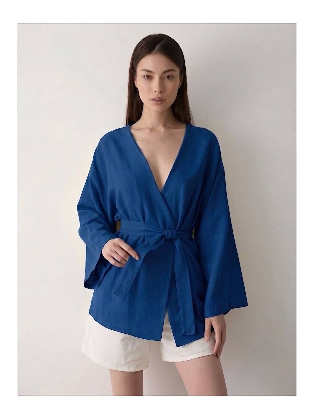 Lacivert Düğme Detaylı Kemerli Kimono - 005-1