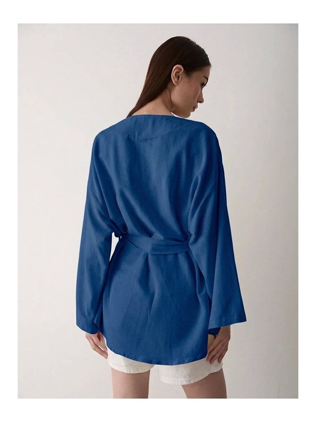 Lacivert Düğme Detaylı Kemerli Kimono - 005-2