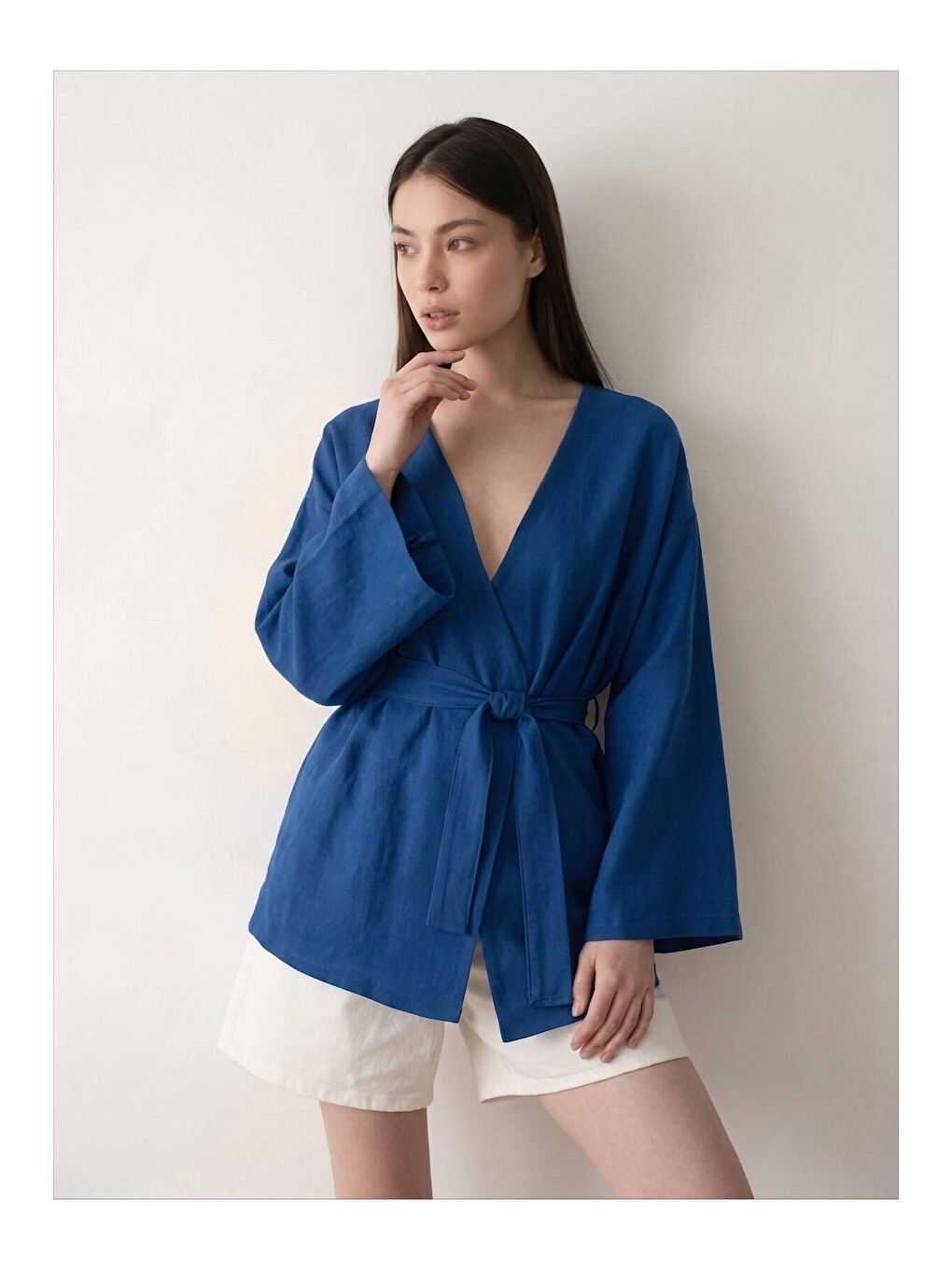 Lacivert Düğme Detaylı Kemerli Kimono - 005-3