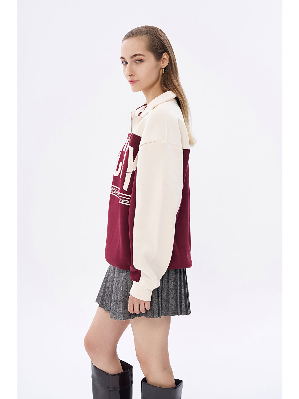 QUZU Renk Bloklu Yazılı Oversize Sweatshirt Bej - 3