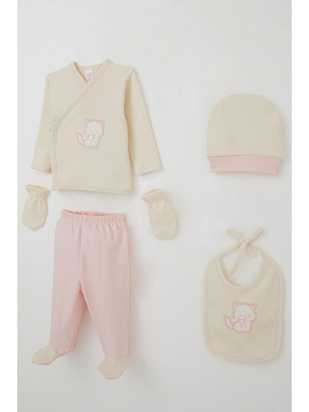 Ekru Kız Bebek Hastane Çıkışı 5 Li Sevimli Kedi Nakışlı Fiyonklu Krem (0-3 Ay)-1
