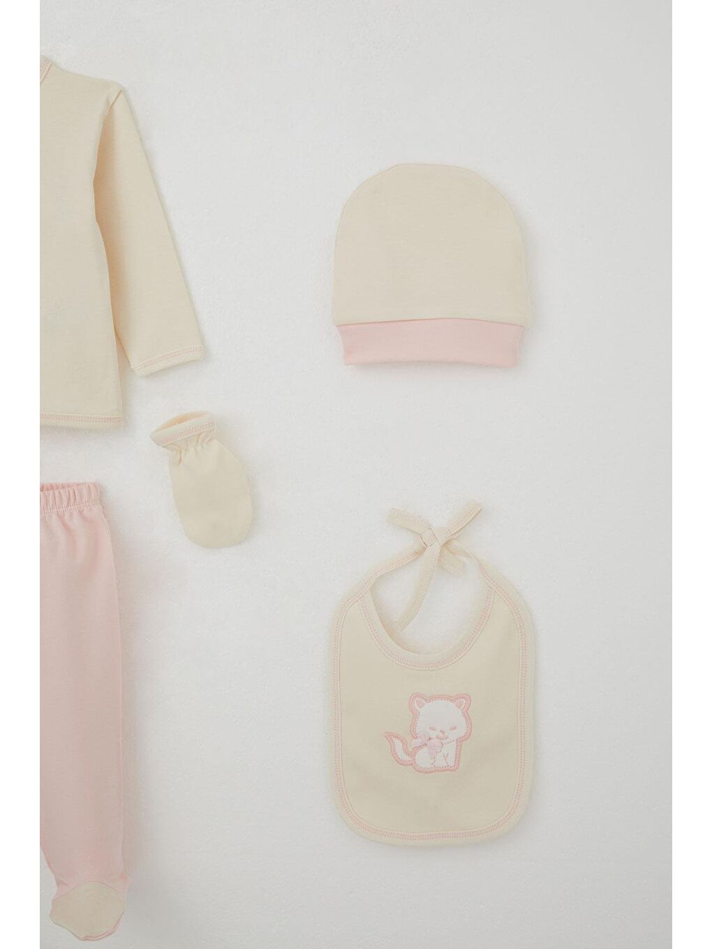 Ekru Kız Bebek Hastane Çıkışı 5 Li Sevimli Kedi Nakışlı Fiyonklu Krem (0-3 Ay)-4